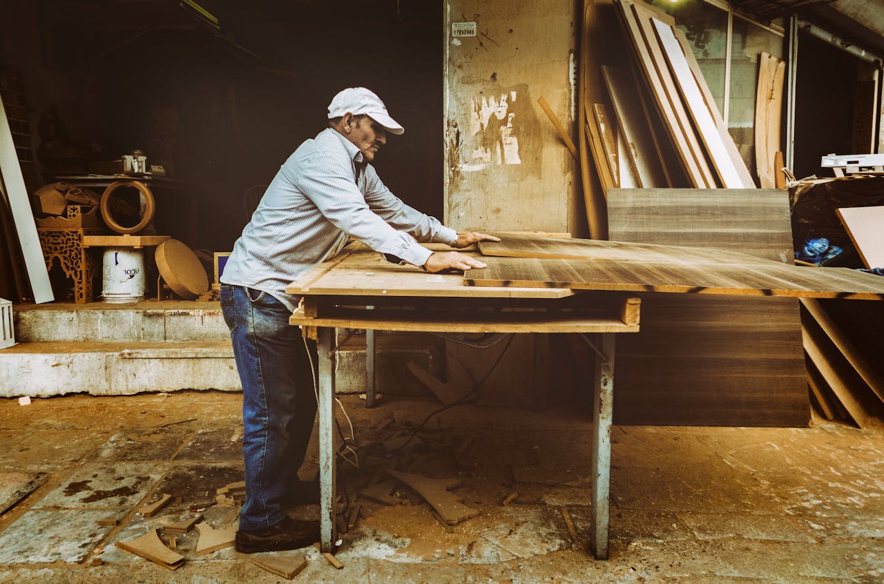 services-02 Carpenter focuses on woodworking project inside a busy workshop, surrounded by materials.